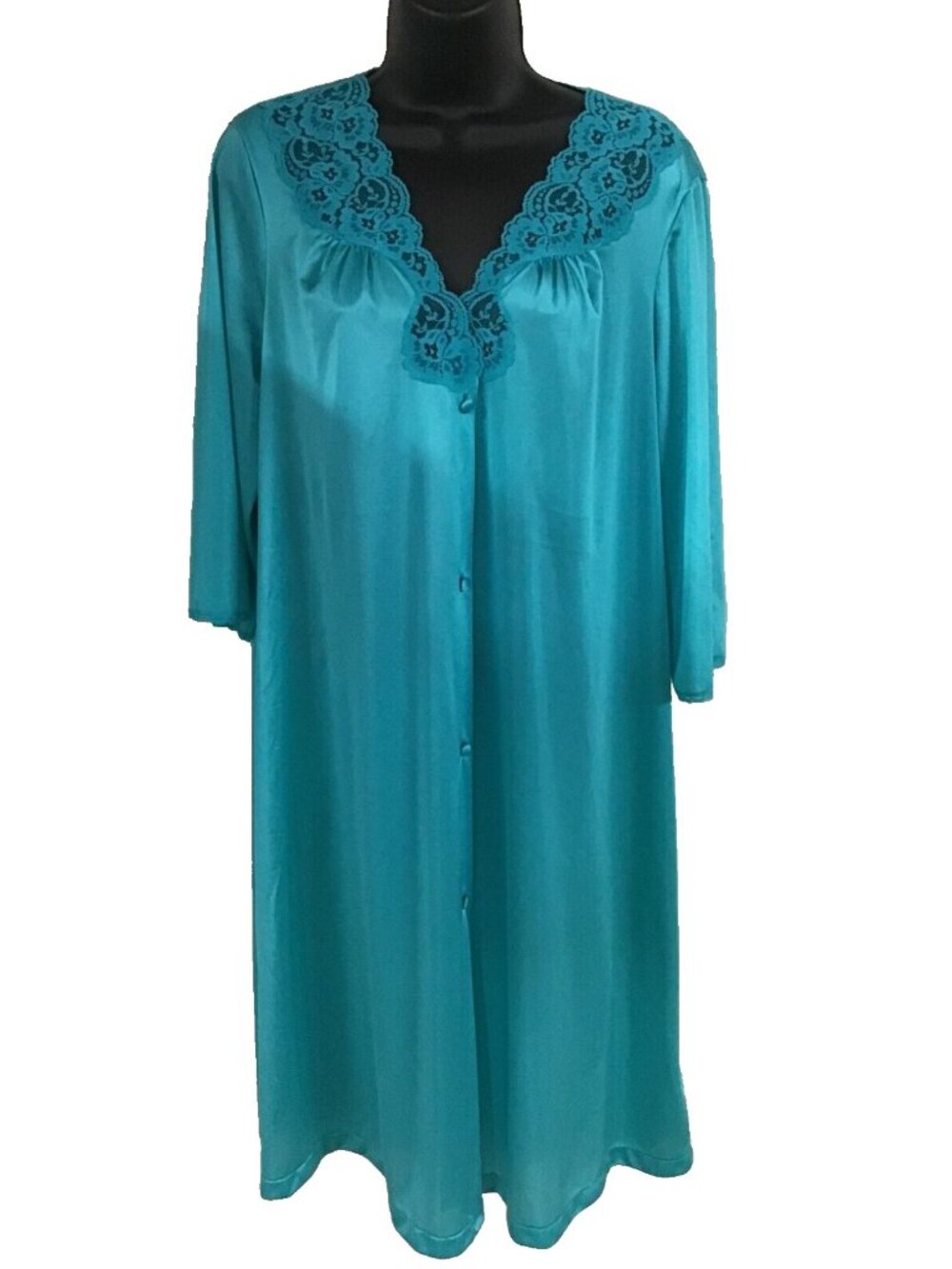 Vanity Fair Medium Vintage Teal Robe Covered Buttons Lace Trim